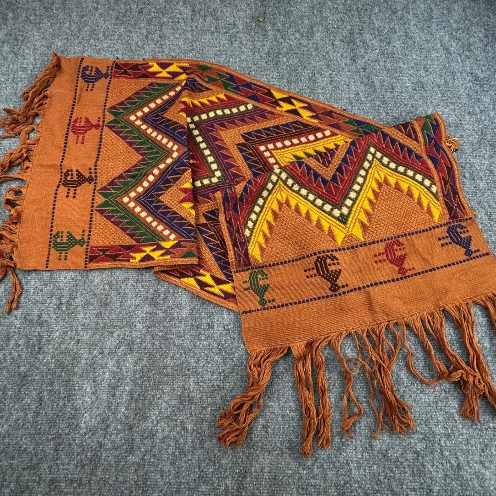 Vintage Handwoven Geometric Chevron Fringe Textile Runner Scarf Terracotta 51x17
